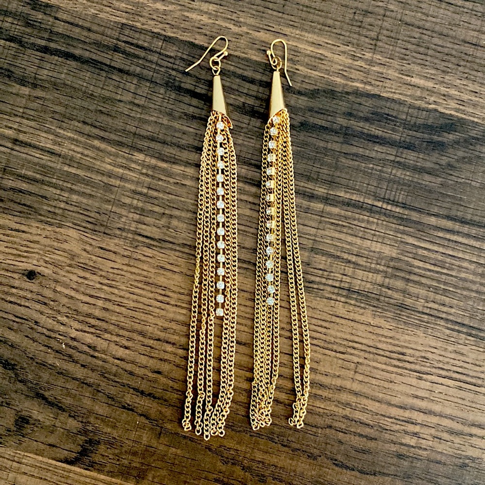 ICONIC VINTAGE 80S EXTRA LONG GOLD TONE DANGLE EARRINGS WITH RHINESTONES